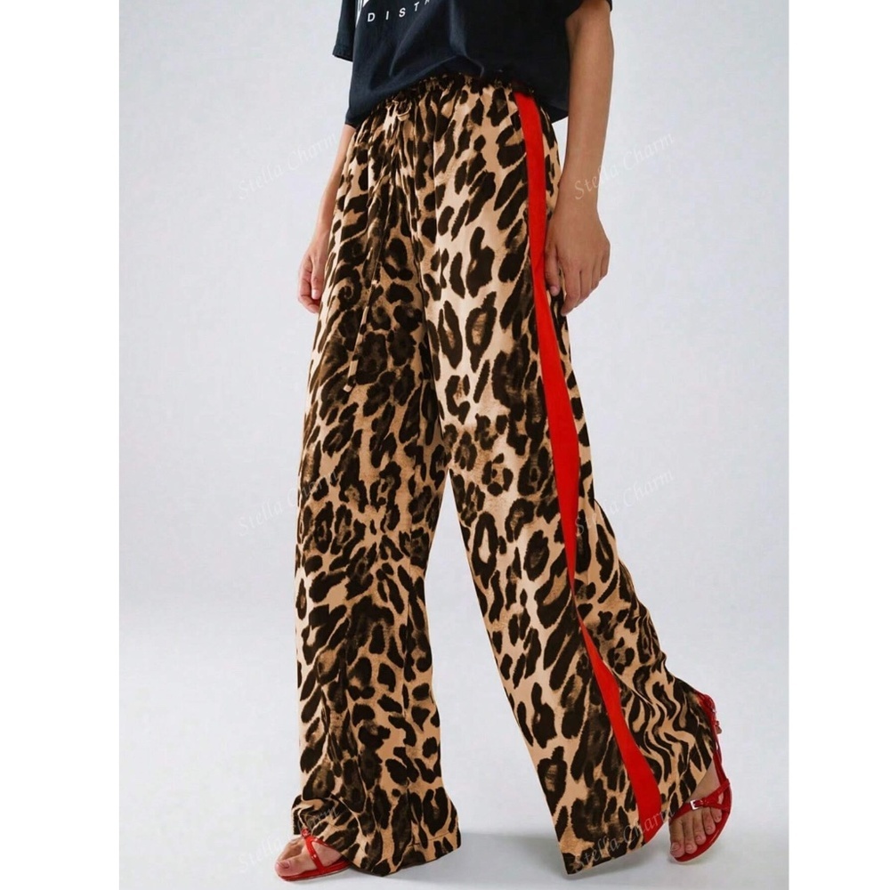 Leopard Cheetah Animal Print Red Stripe Faux Tie Front Loose Wide Pants